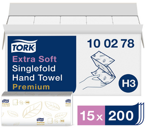 Tork Extra Soft Singlefold Hand Towels White H3, Premium, Embossed, 15 x 200 Sheets, 100278